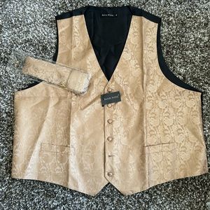 New Mens 5 Piece Jacquard Set Brown Gold:Vest,Tie, Clip,Pocket Square,&Links 4XL